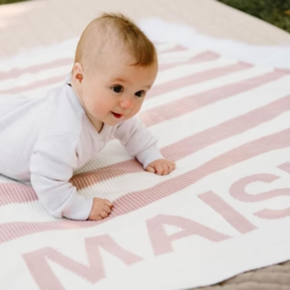 Hamptons Stripe Name Blanket - Ballet; Panel: Ballet; Letter: Ivory