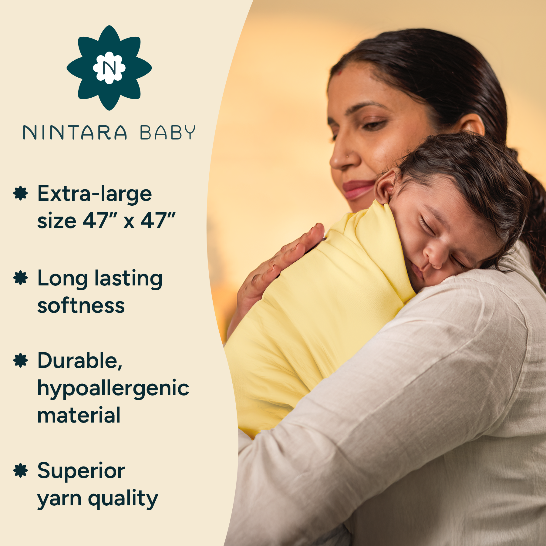 Nintara Baby Extra-Large Swaddle - 100% Organic Premium Muslin Cotton, 47" x 47" (119 cm x 119 cm), Ultra-Soft, Breathable & Lightweight, Multipurpose, Unisex, Hypoallergenic, Gifts for Newborn Babies