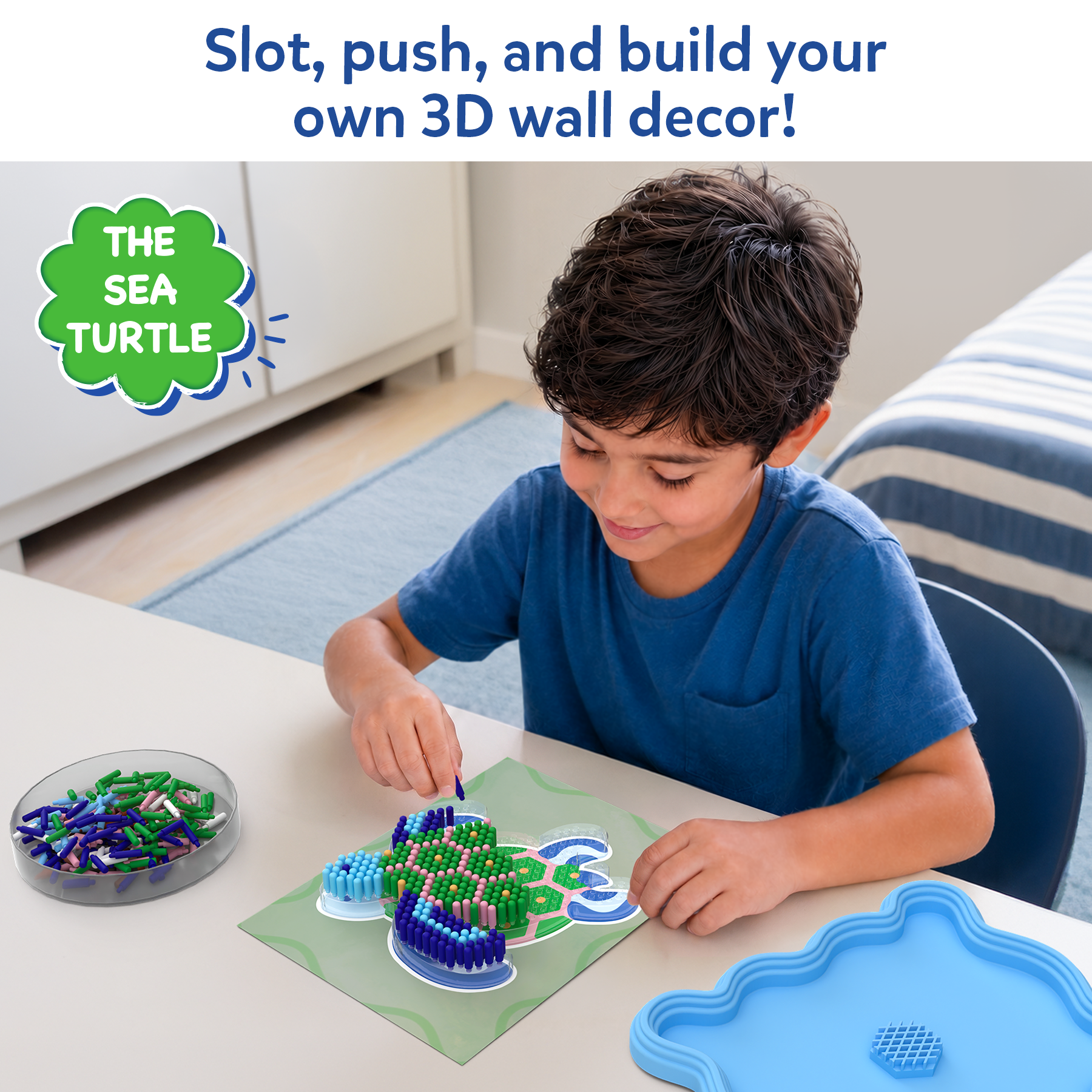 Child building a 3D wall decor of a sea turtle using colorful pieces on a table.