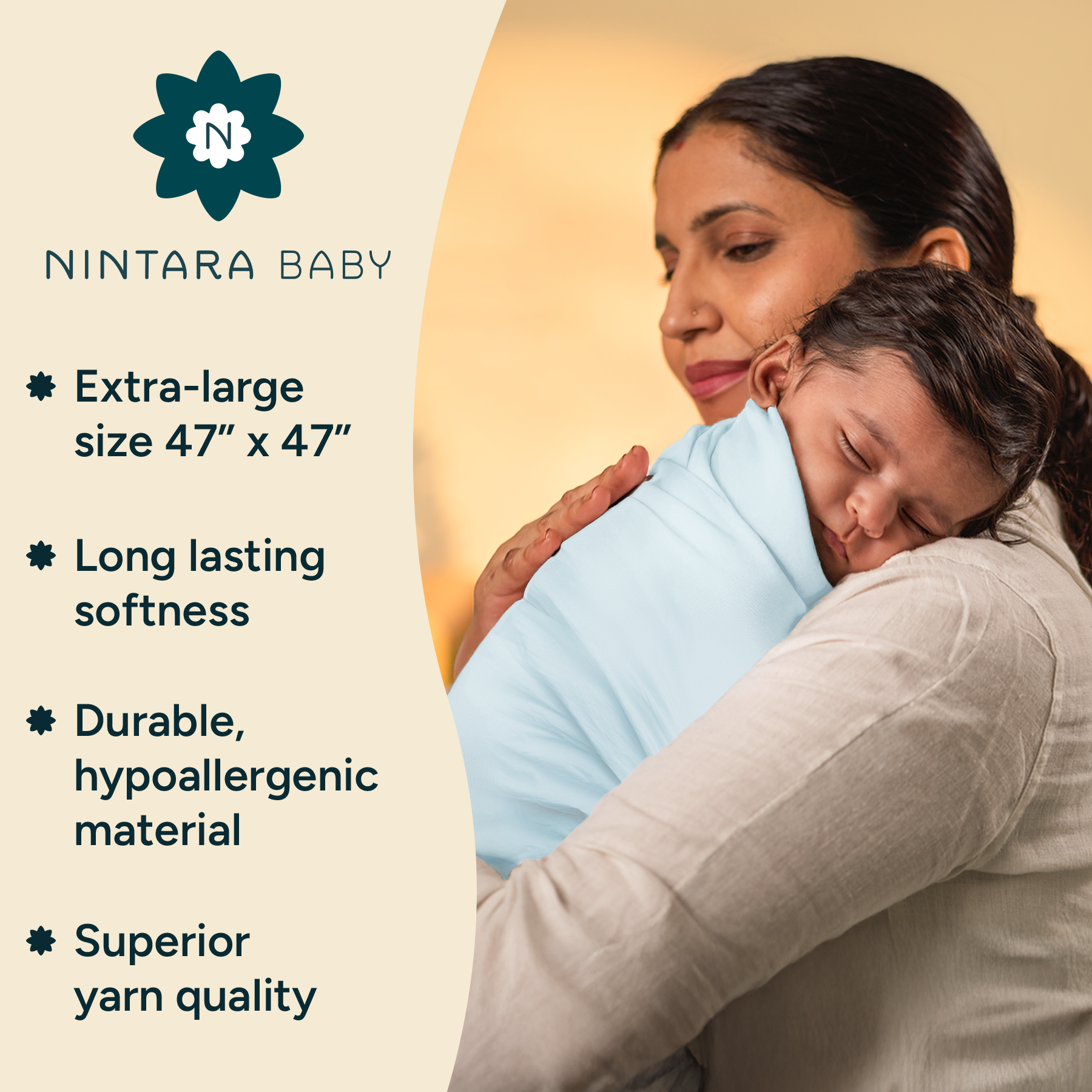 Nintara Baby Extra-Large Swaddle - 100% Organic Premium Muslin Cotton, 47" x 47" (119 cm x 119 cm), Ultra-Soft, Breathable & Lightweight, Multipurpose, Unisex, Hypoallergenic, Gifts for Newborn Babies