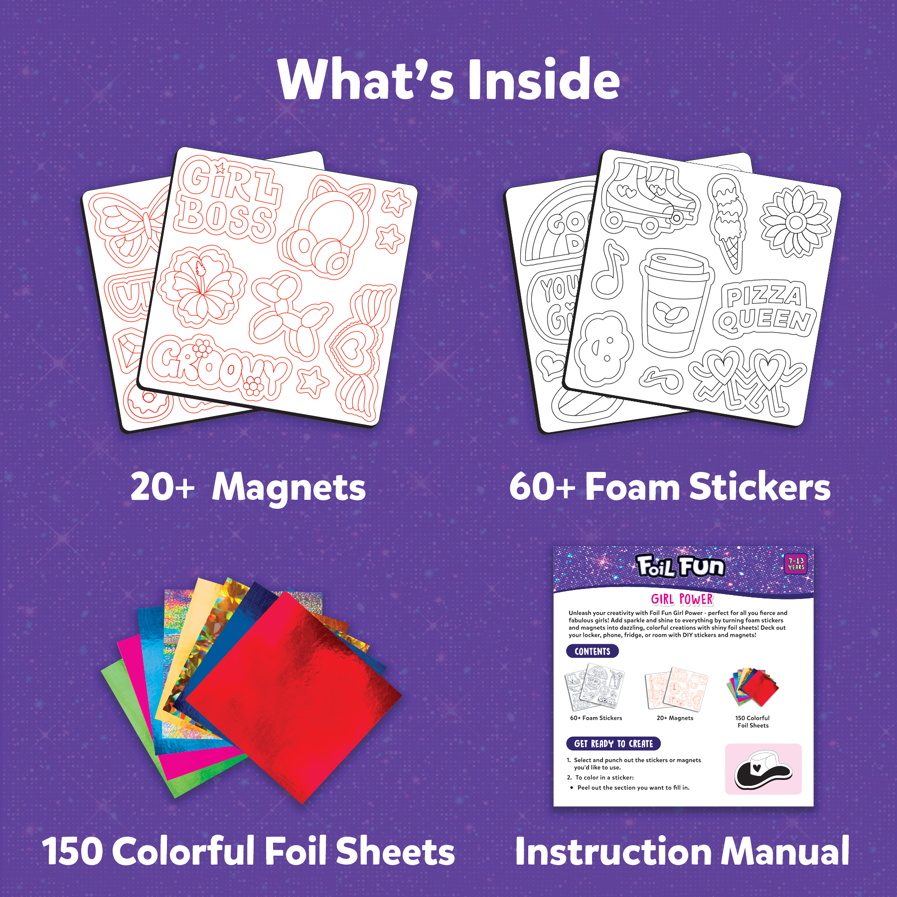 Skillmatics Foil Fun - Girl Power, 20+ DIY Foil Art Magnets, Mess-Free Craft Kit, 60+ Foam Stickers, Creative Activity for Girls, Kids, Tweens, Teens (Ages 7-13), Gifts, Travel, Party Favour