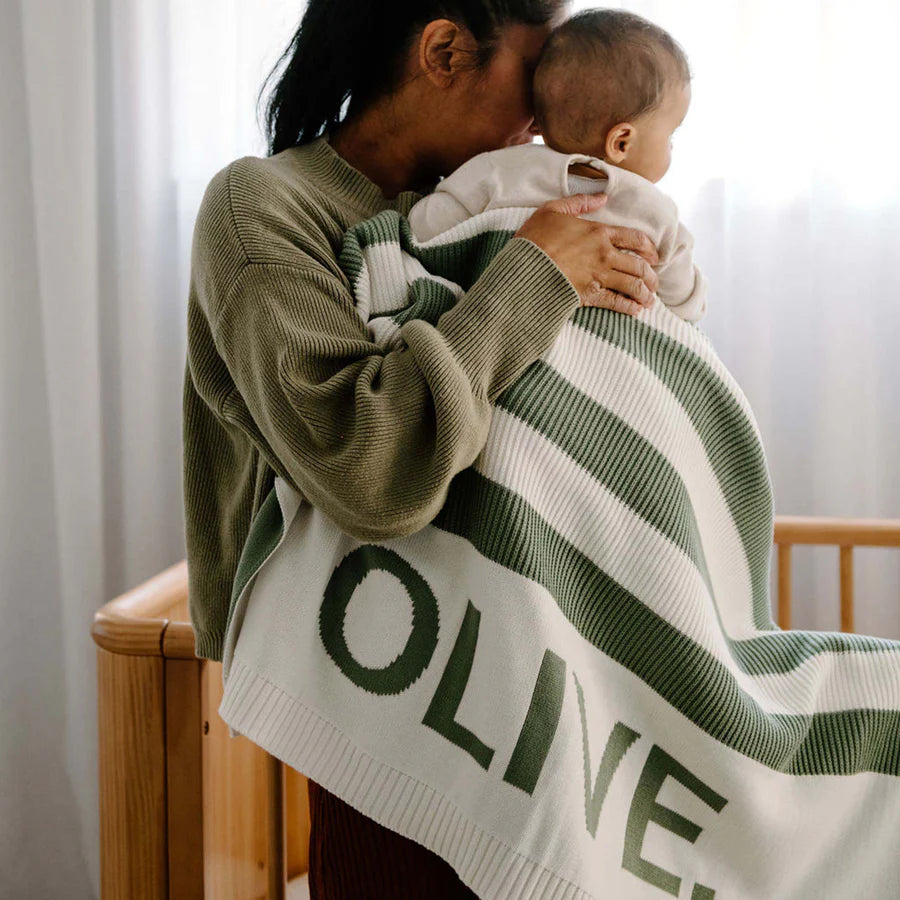 Hamptons Stripe Name Blanket - Ivory; Stripe: Lily Pad; Letter: Lily Pad