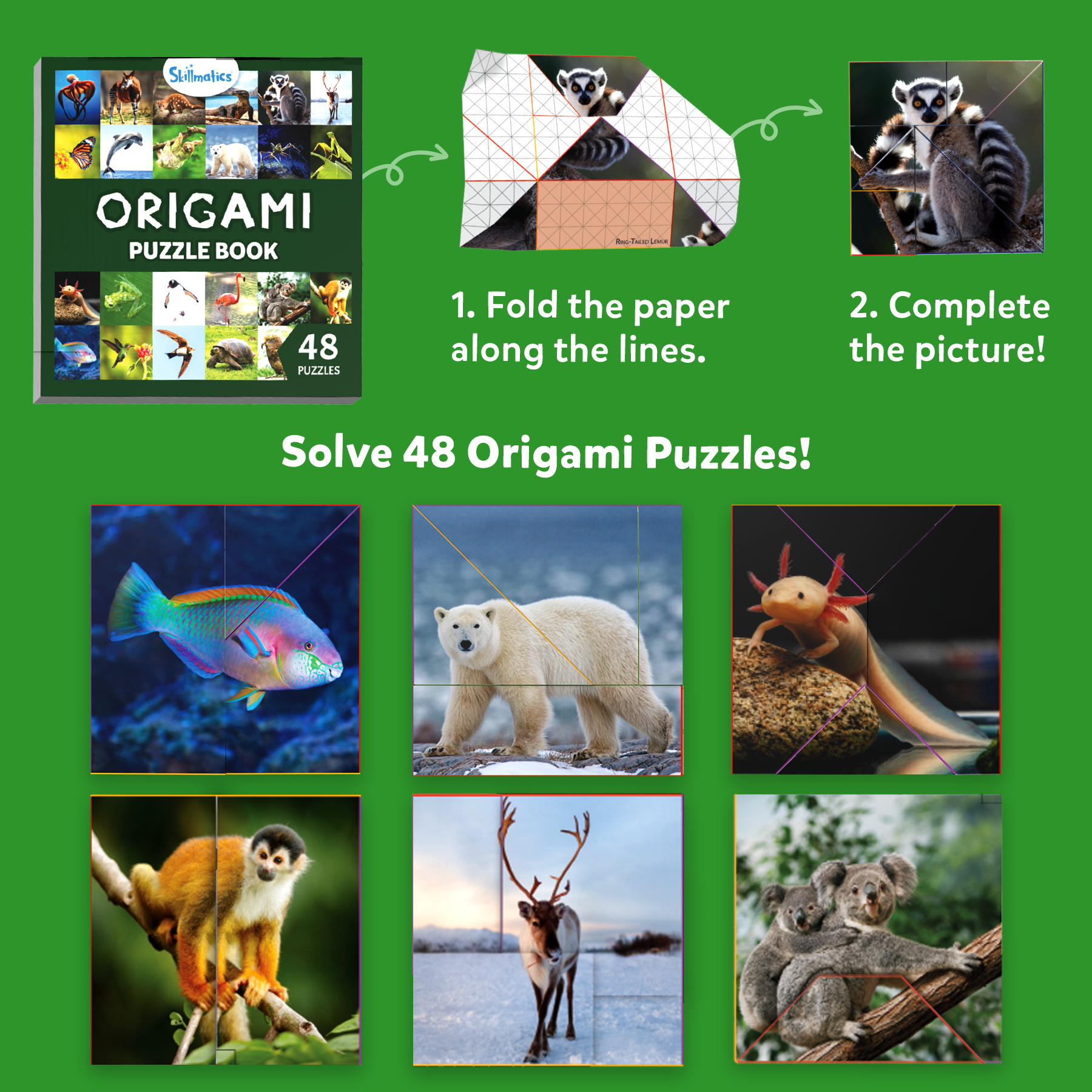 Skillmatics Origami Puzzle Book - Coolest Creatures, DIY Folding Craft & Activity Kit, Educational Toy with 48 Puzzles, Fun Learning Gifts for Girls & Boys Ages 7, 8, 9, 10 & Up