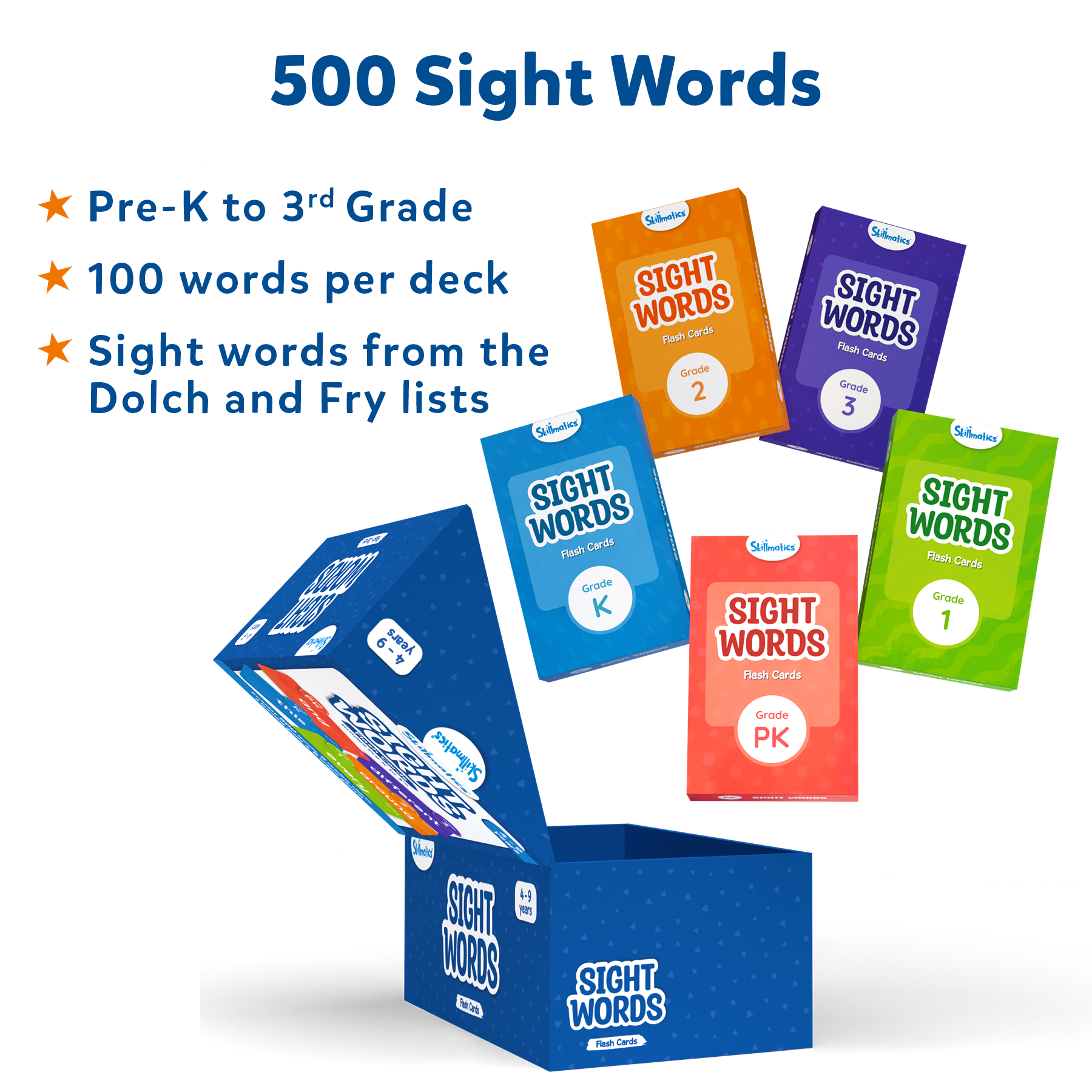 Skillmatics Flash Cards - 500 Sight Words, for Preschool (Pre-K), Kindergarten,1st, 2nd, 3rd Grade, Includes The Dolch & Fry Word List & 6 Unique Games