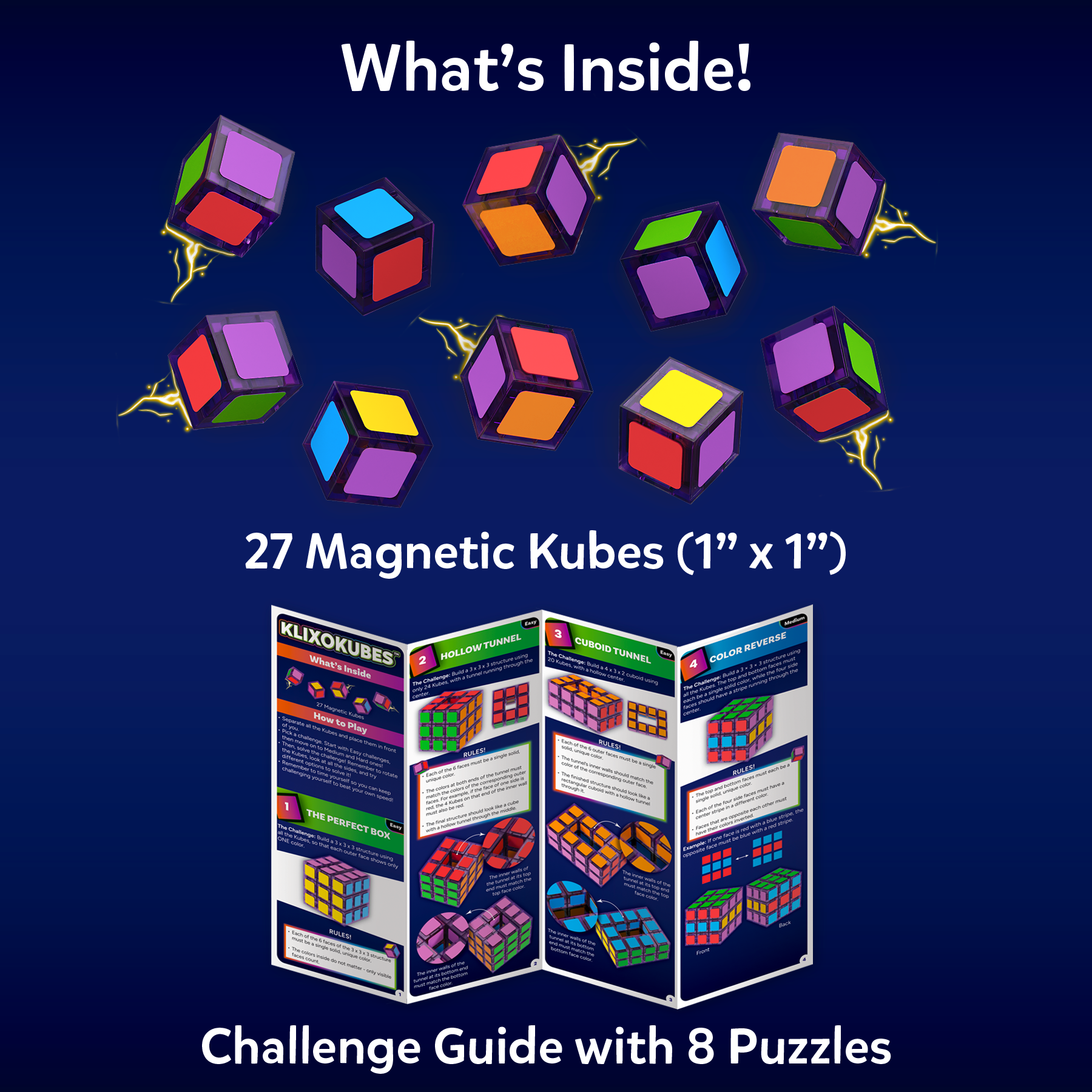 Promotional image of KluxKubes with 27 magnetic kubes and a challenge guide on a blue background.