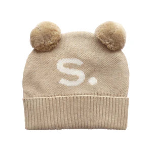 Double Pom Pom Beanie - Light Camel ; Letter: Ivory