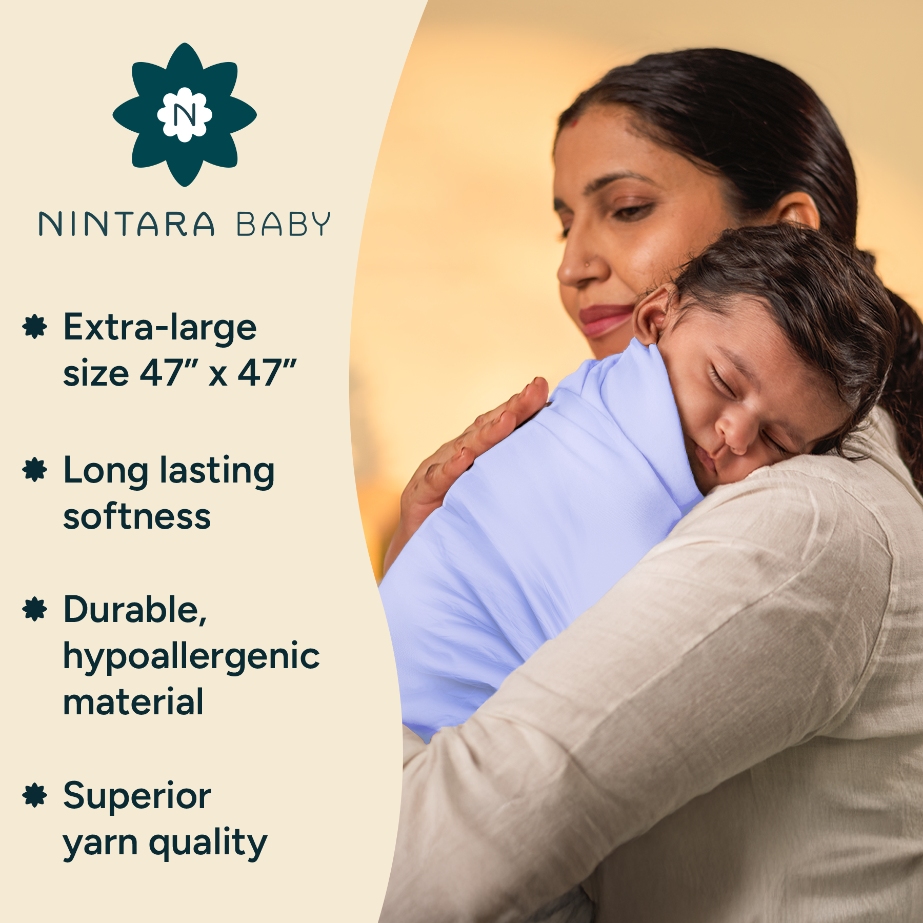 Nintara Baby Extra-Large Swaddle - 100% Organic Premium Muslin Cotton, 47" x 47" (119 cm x 119 cm), Ultra-Soft, Breathable & Lightweight, Multipurpose, Unisex, Hypoallergenic, Gifts for Newborn Babies