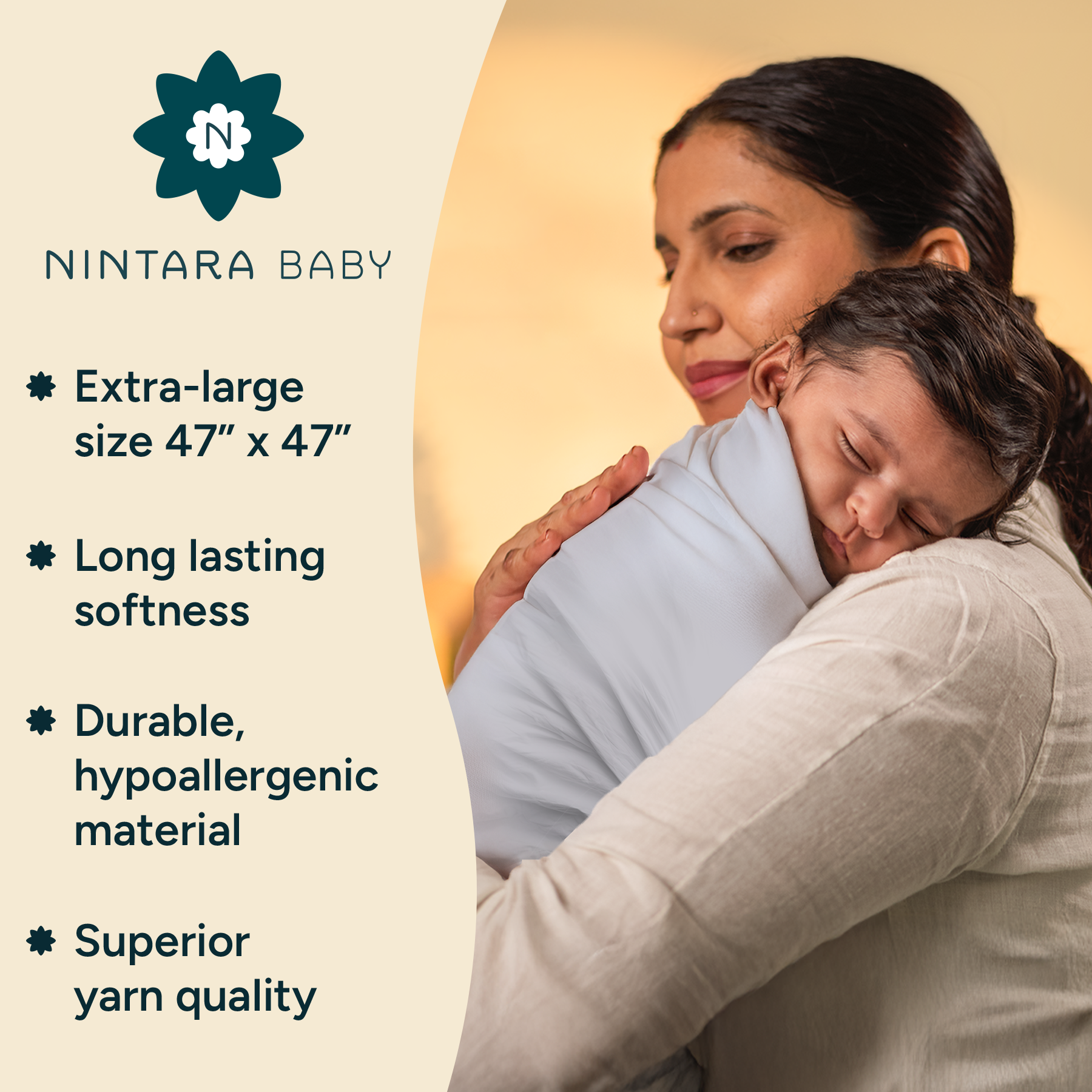 Nintara Baby Extra-Large Swaddle - 100% Organic Premium Muslin Cotton, 47" x 47" (119 cm x 119 cm), Ultra-Soft, Breathable & Lightweight, Multipurpose, Unisex, Hypoallergenic, Gifts for Newborn Babies