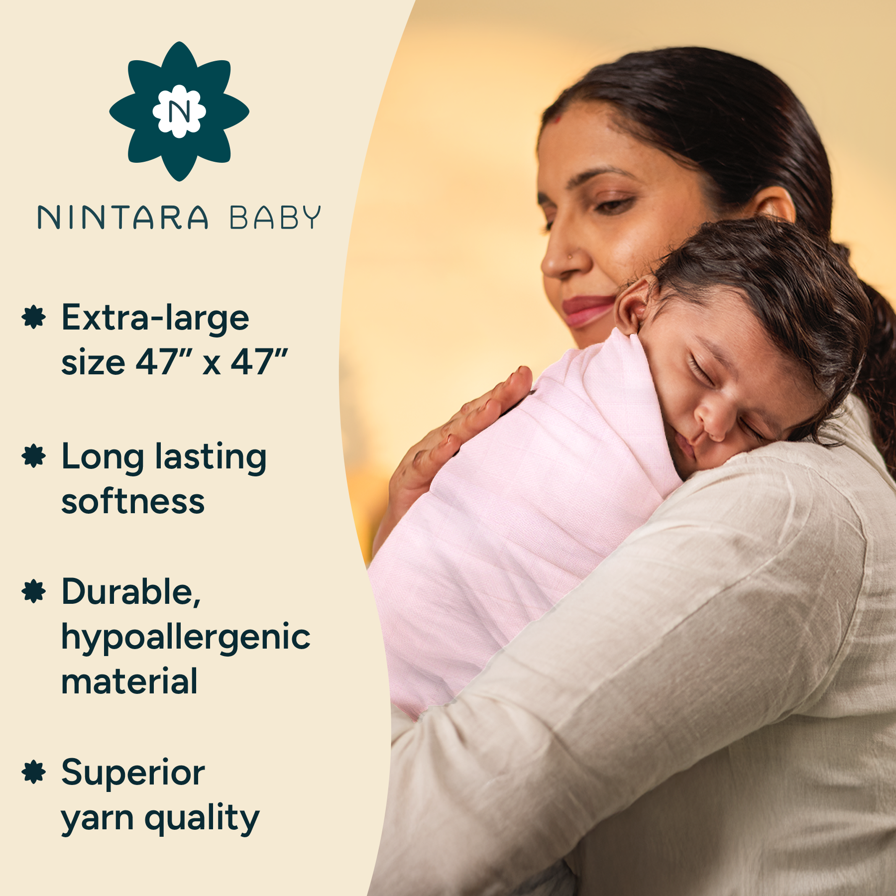 Nintara Baby Extra-Large Swaddle - 100% Organic Premium Muslin Cotton, 47" x 47" (119 cm x 119 cm), Ultra-Soft, Breathable & Lightweight, Multipurpose, Unisex, Hypoallergenic, Gifts for Newborn Babies