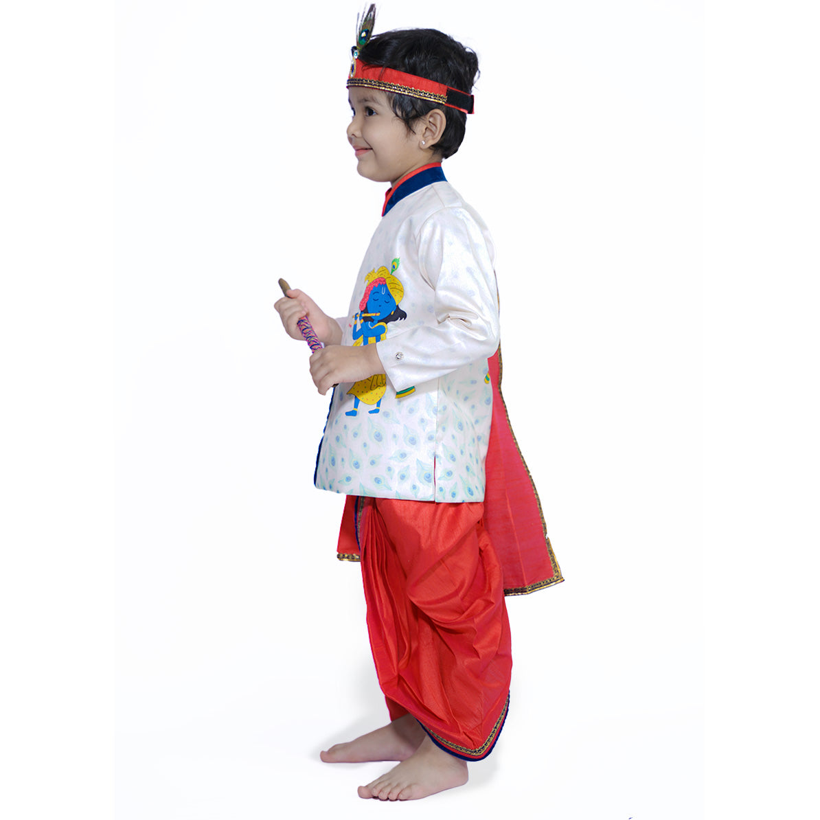 Baby Moo x Kurta Co. Krishna Digital Print Kurta Dhoti Set with Accessories - Premium Plastic Gift Box 5pcs Set - Red