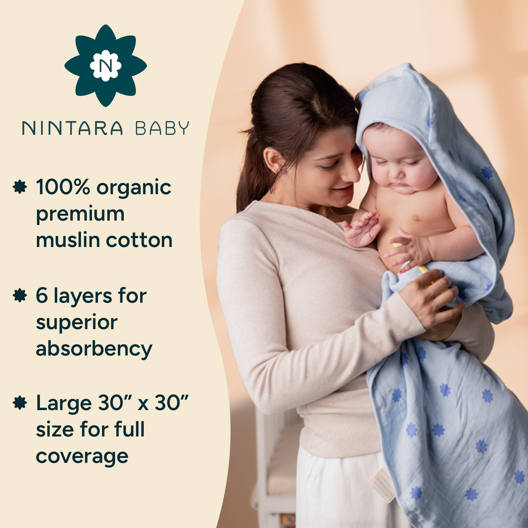 Nintara Baby Hooded Towel - 100% Organic Premium Muslin Cotton, 30" x 30" (76 cm x 76 cm), Ultra-Absorbent, Soft, Breathable, Hypoallergenic, Multipurpose, Gifts for Babies & Infants