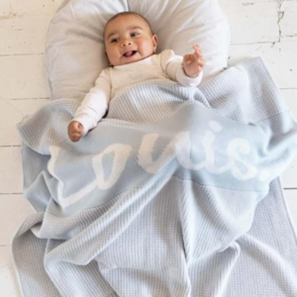 Chunky Two Tone Name Blanket - Oatmeal & Powder Blue; Name: Oatmeal; Panel: Powder Blue