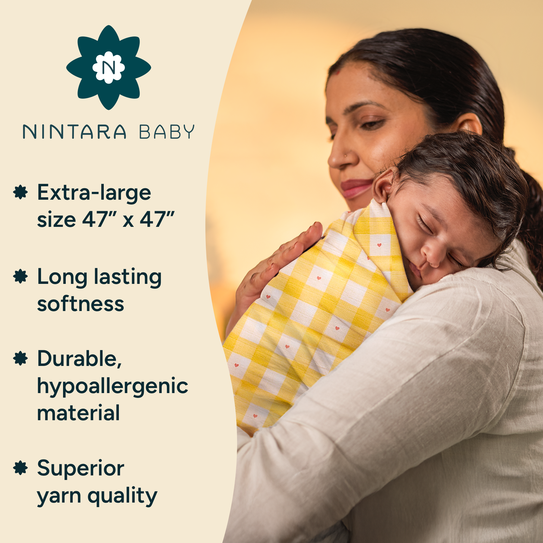 Nintara Baby Extra-Large Swaddle - 100% Organic Premium Muslin Cotton, 47" x 47" (119 cm x 119 cm), Ultra-Soft, Breathable & Lightweight, Multipurpose, Unisex, Hypoallergenic, Gifts for Newborn Babies