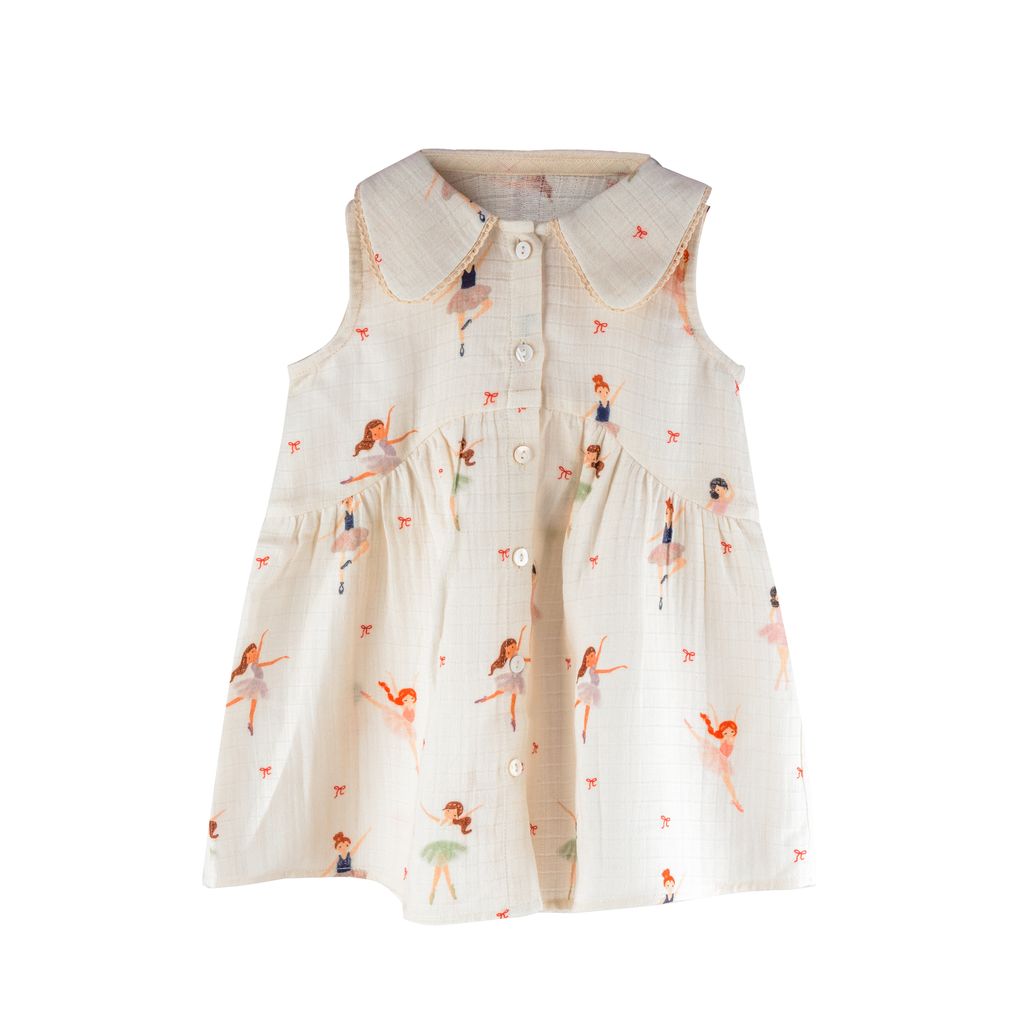 Children's sleeveless dress with ballerina print on a white background