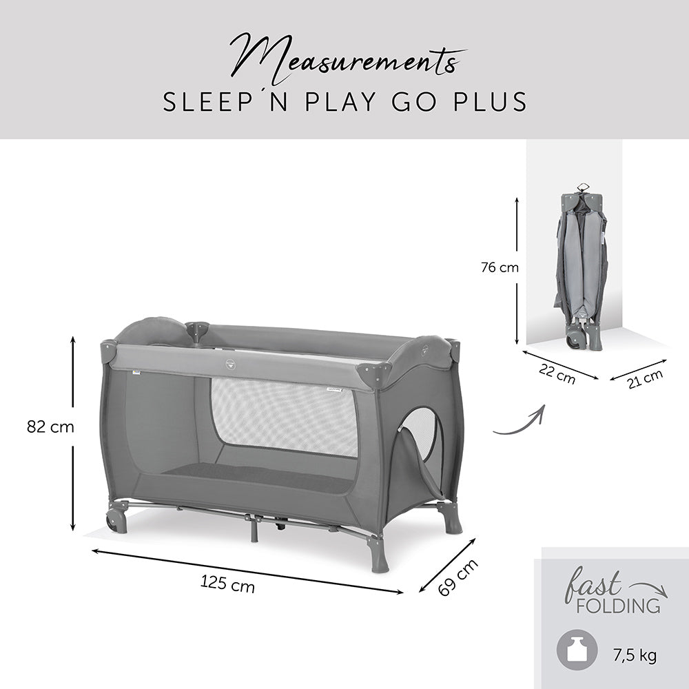 Hauck Sleep N Play Go Plus 4-Piece Combination Travel Cot, from Birth to 15 kg, Incl. Slip-on, Wheels, Folding Base, Carry Bag, Compact, Foldable - Grey