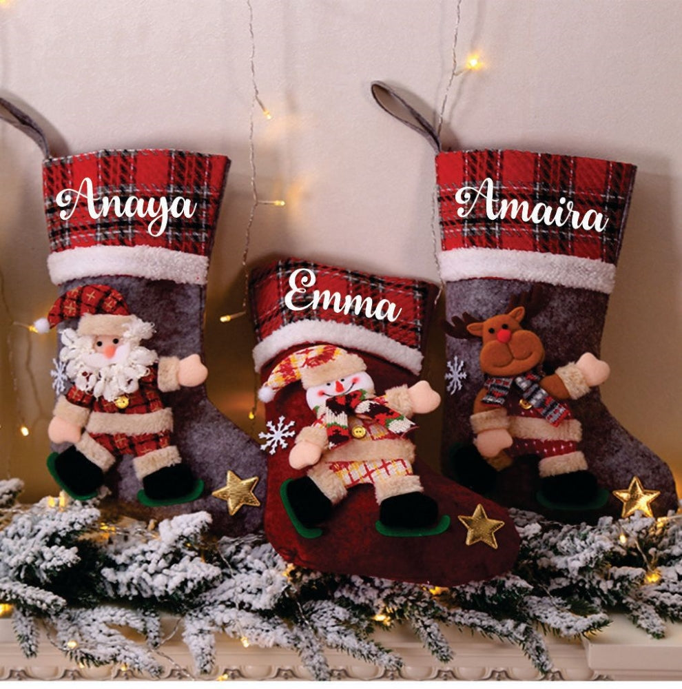 Plaid Band Stockings- Snowy Snowman