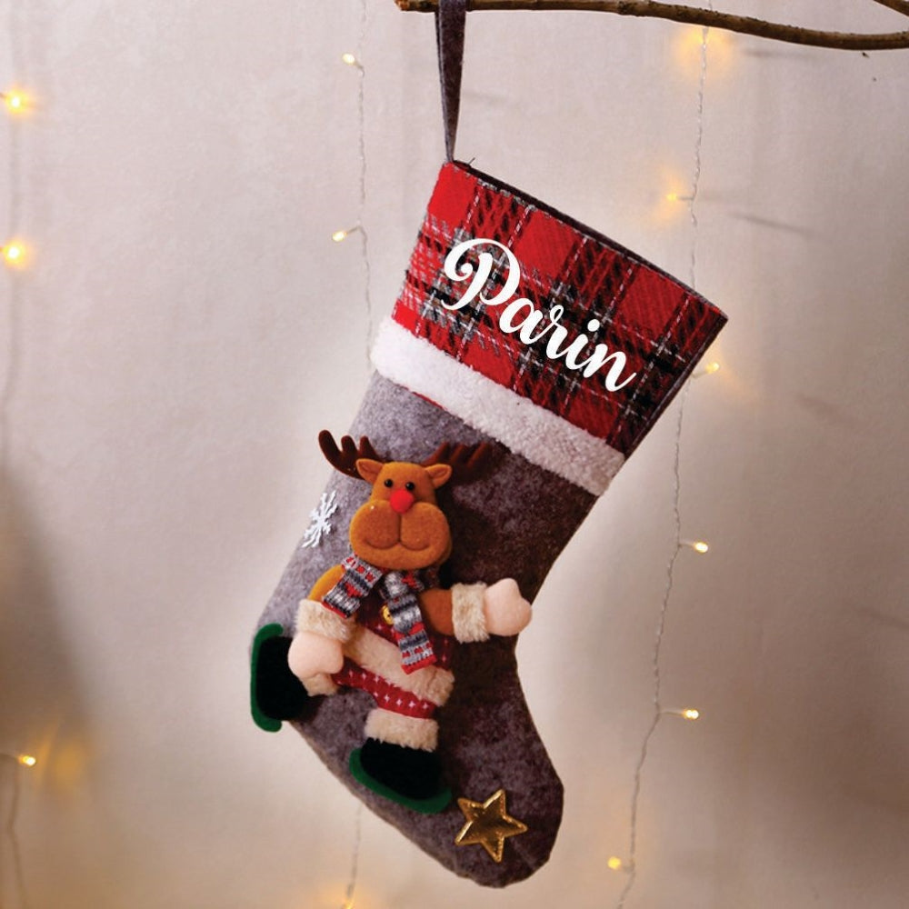 Plaid Band Stockings- Merry Moose