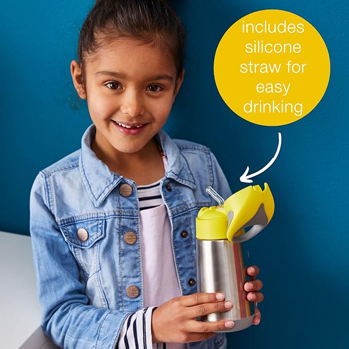 B.Box Insulated Straw Sipper Drink Water Bottle 350ml - Lemon Sherbet Yellow Grey