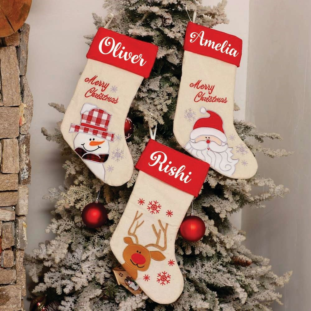 Babble Wrap Red Band Linen Stockings- Merry Christmas Snowman