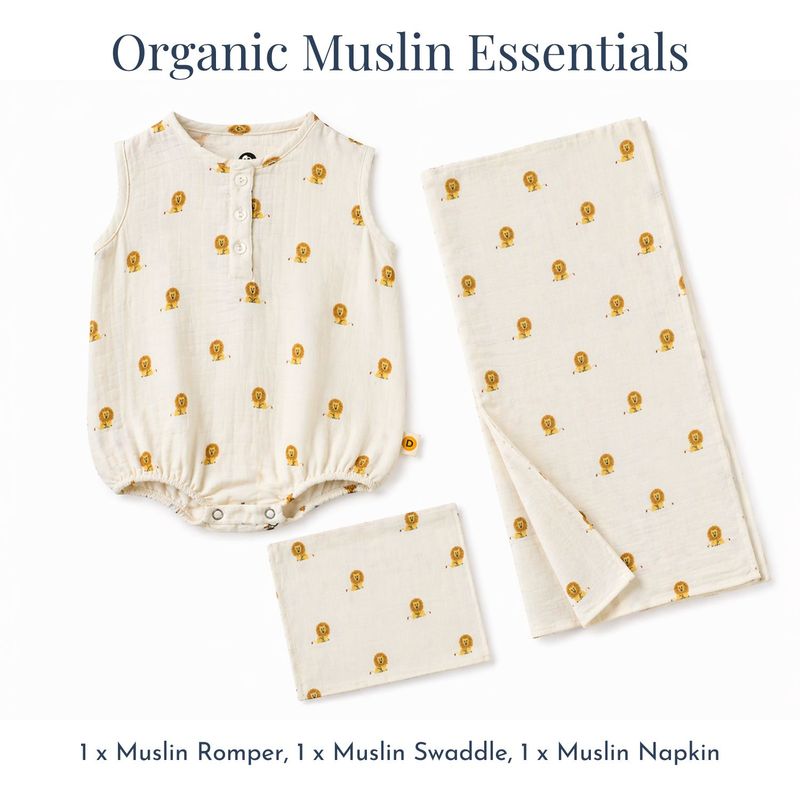 Organic Muslin Essentials (Set of 3) - 1 Swaddle + 1 Romper + 1 Face Napkin