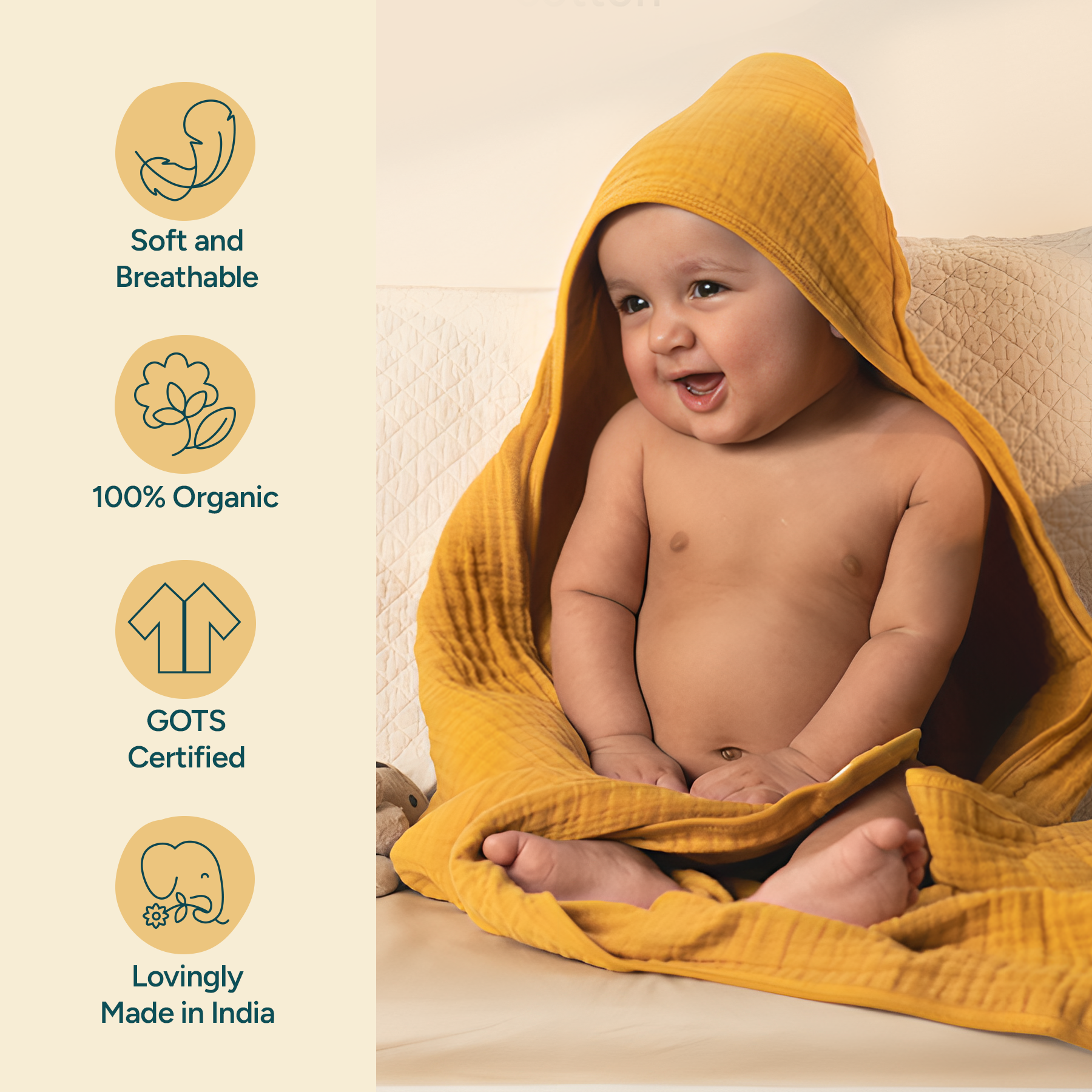 Nintara Baby Hooded Towel - 100% Organic Premium Muslin Cotton, 30" x 30" (76 cm x 76 cm), Ultra-Absorbent, Soft, Breathable, Hypoallergenic, Multipurpose, Gifts for Babies & Infants