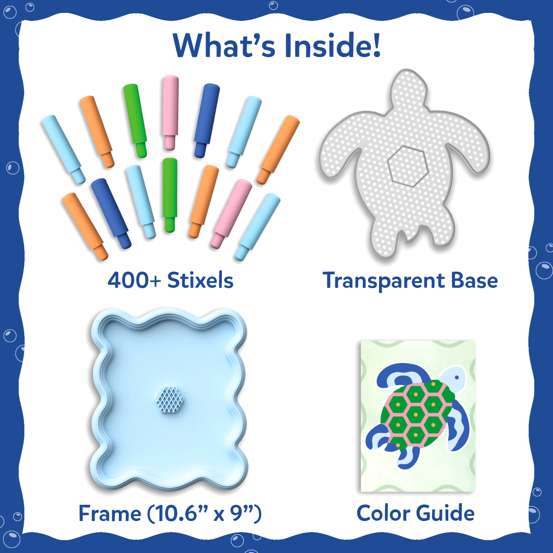 Product packaging with colorful sticks, turtle frame, transparent base, and color guide on a blue border.