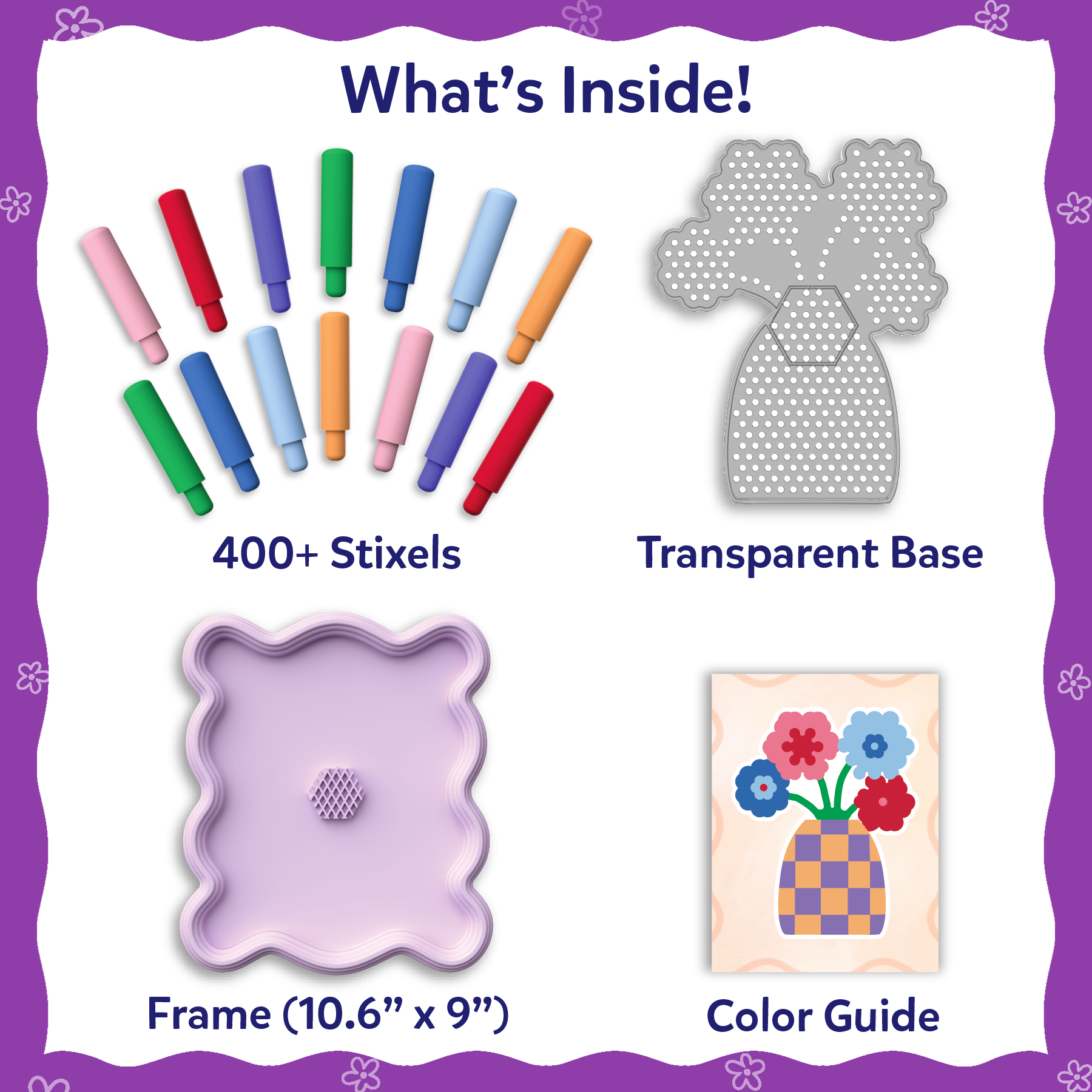 Product set with stixels, transparent base, frame, and color guide on a purple background