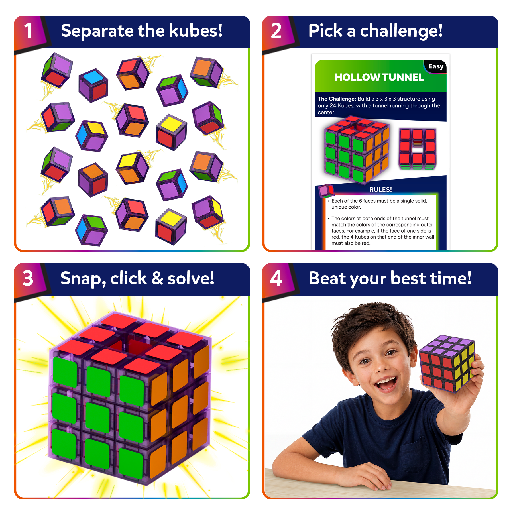 Step-by-step guide for a Rubik's Cube-like puzzle game with colorful kubes and a child solving it.