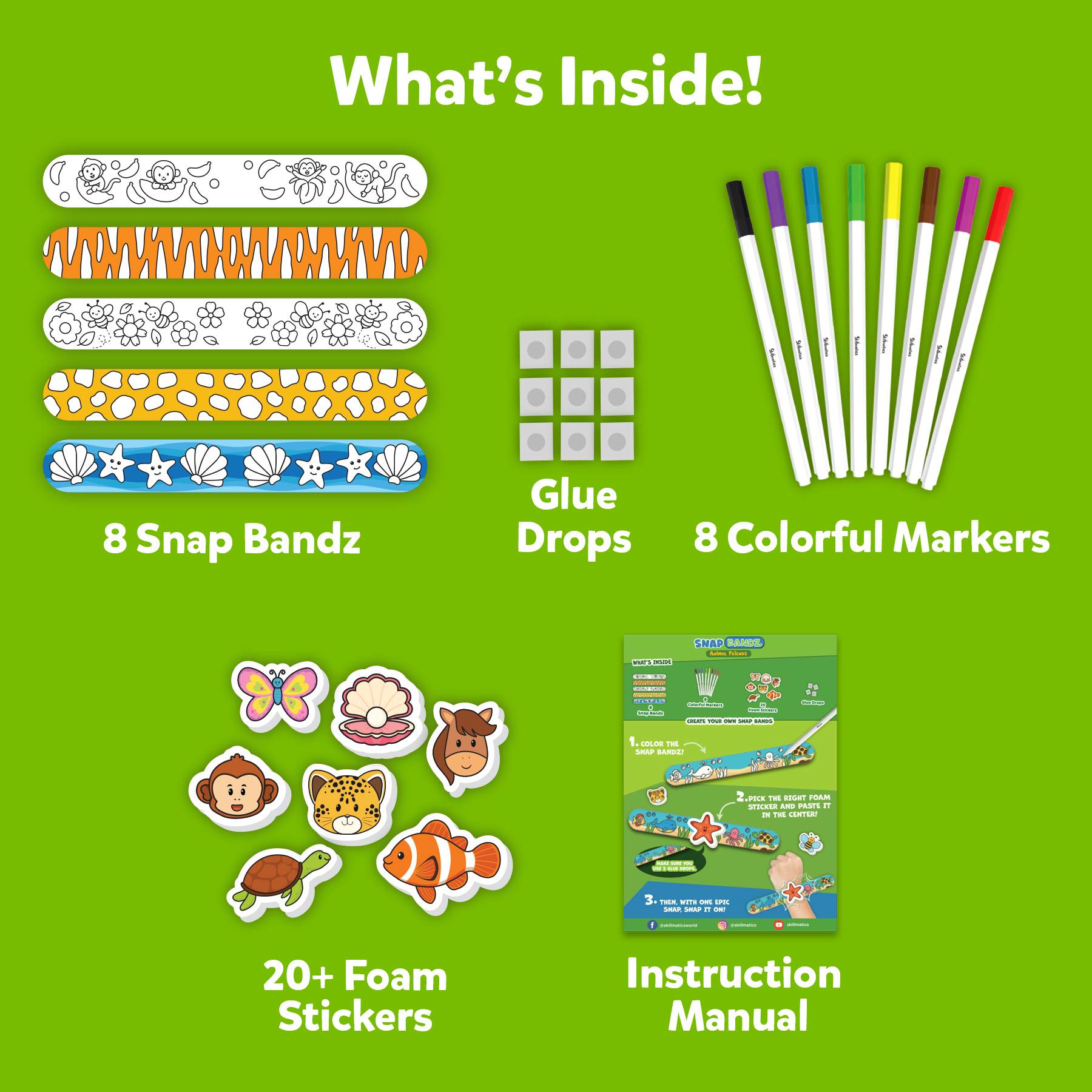 Skillmatics Craft Activity - Snap Bandz, Animals, DIY Art & Craft Activity, Mess-Free, Creative Kit, 8 Bands (8.6"), Gifts for Boys & Girls Ages 4, 5, 6, 7, 8, 9, 10