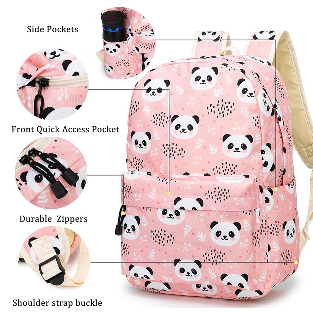 Mini Panda Faces 3 Pcs Matching Backpack With Lunch Bag & Stationery Pouch, Peach