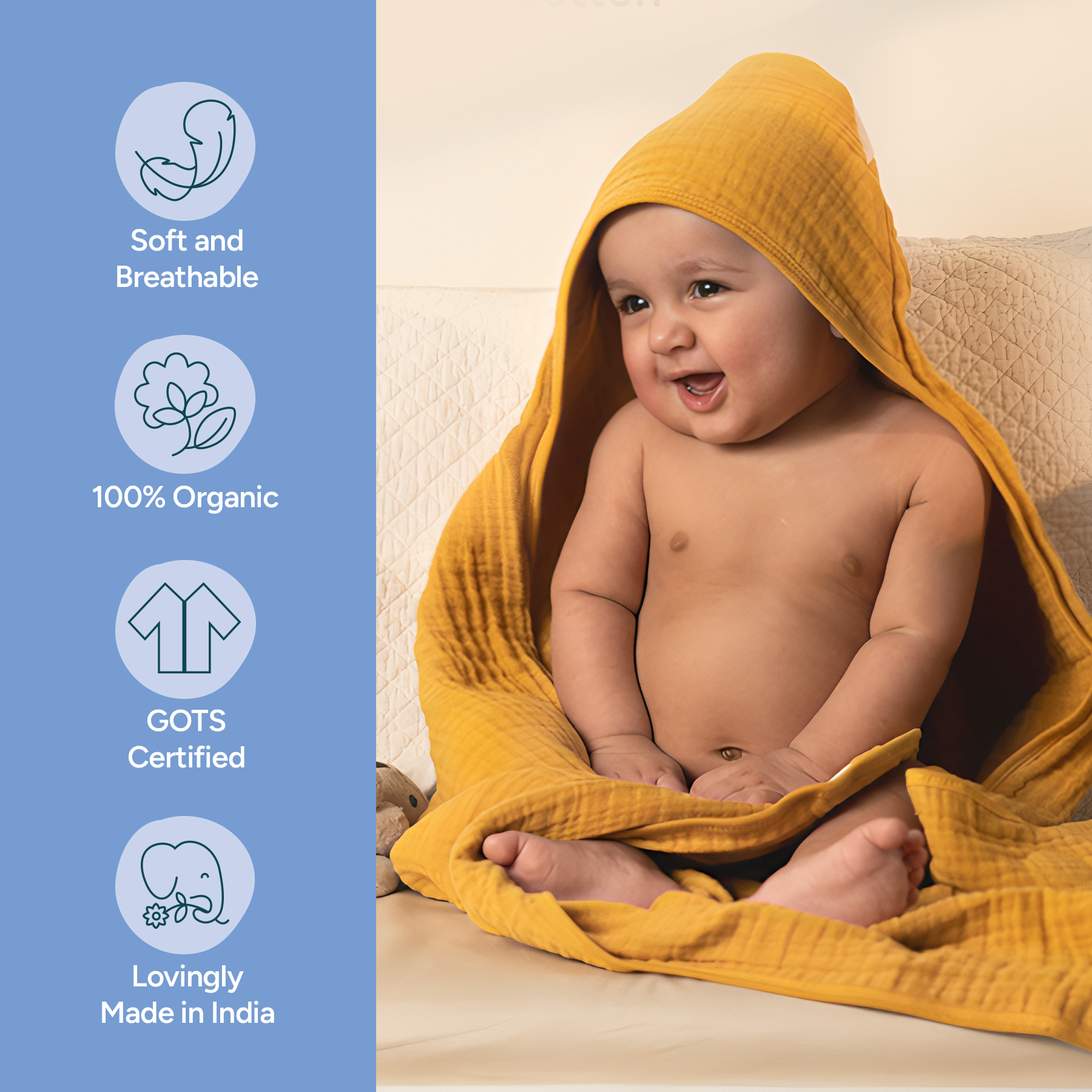 Nintara Baby Hooded Towel - 100% Organic Premium Muslin Cotton, 30" x 30" (76 cm x 76 cm), Ultra-Absorbent, Soft, Breathable, Hypoallergenic, Multipurpose, Gifts for Babies & Infants