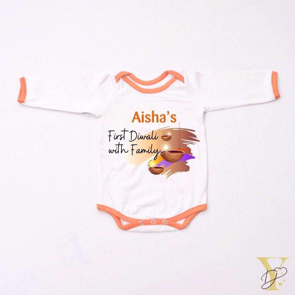 Diwali With Family Personalised Bodysuit - Full Sleeves (Orange Love)