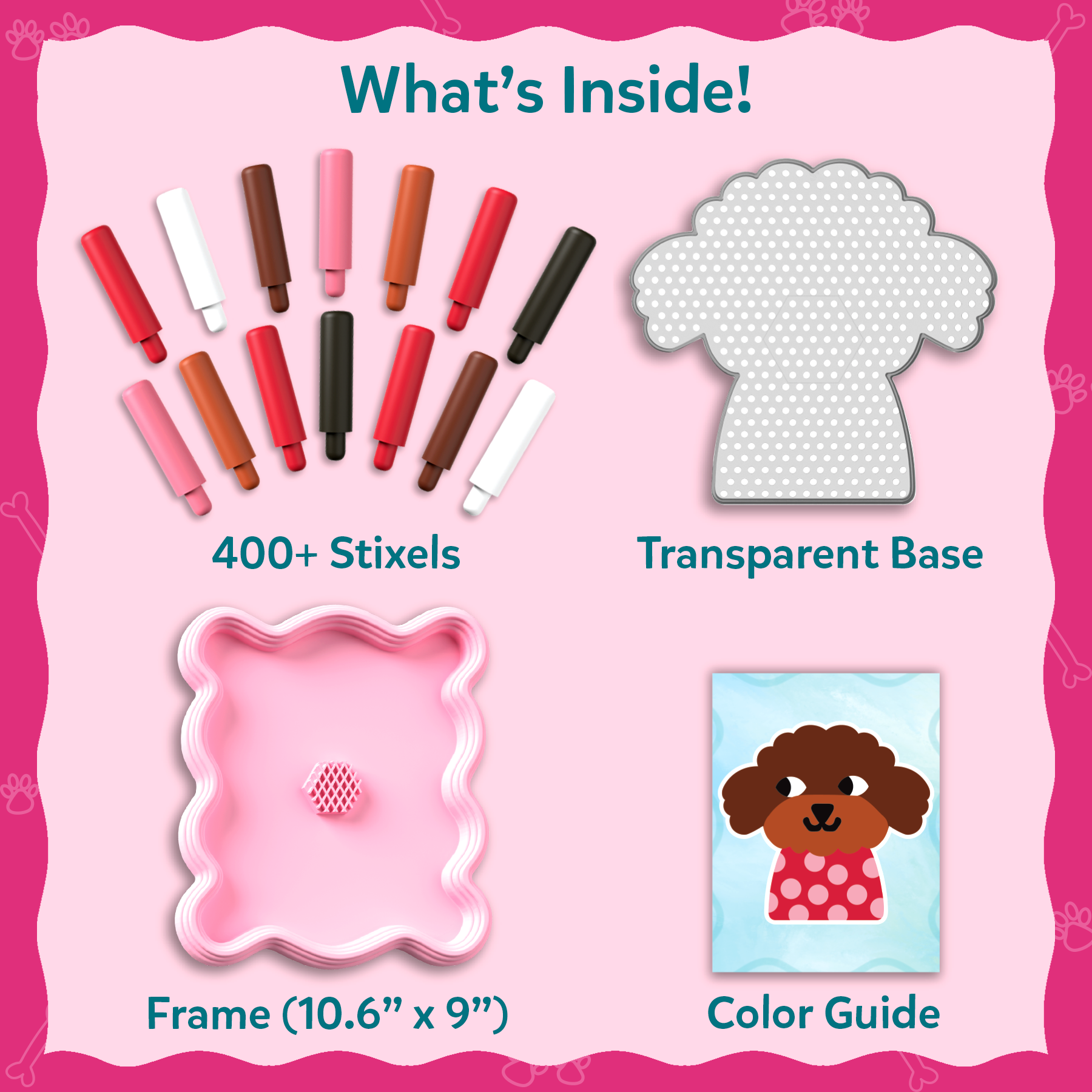 Product packaging with lipsticks, a frame, color guide, and transparent base on a pink background.