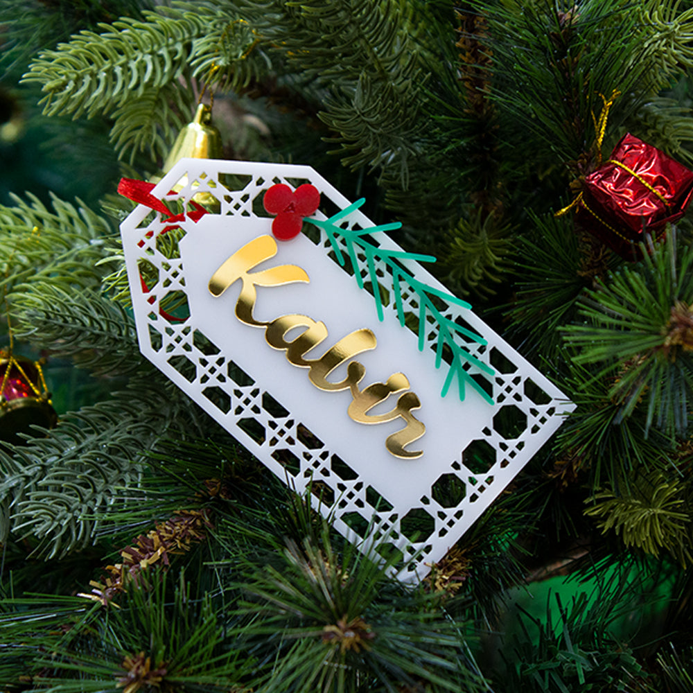 Pine Berry Rattan Tag Ornament- White