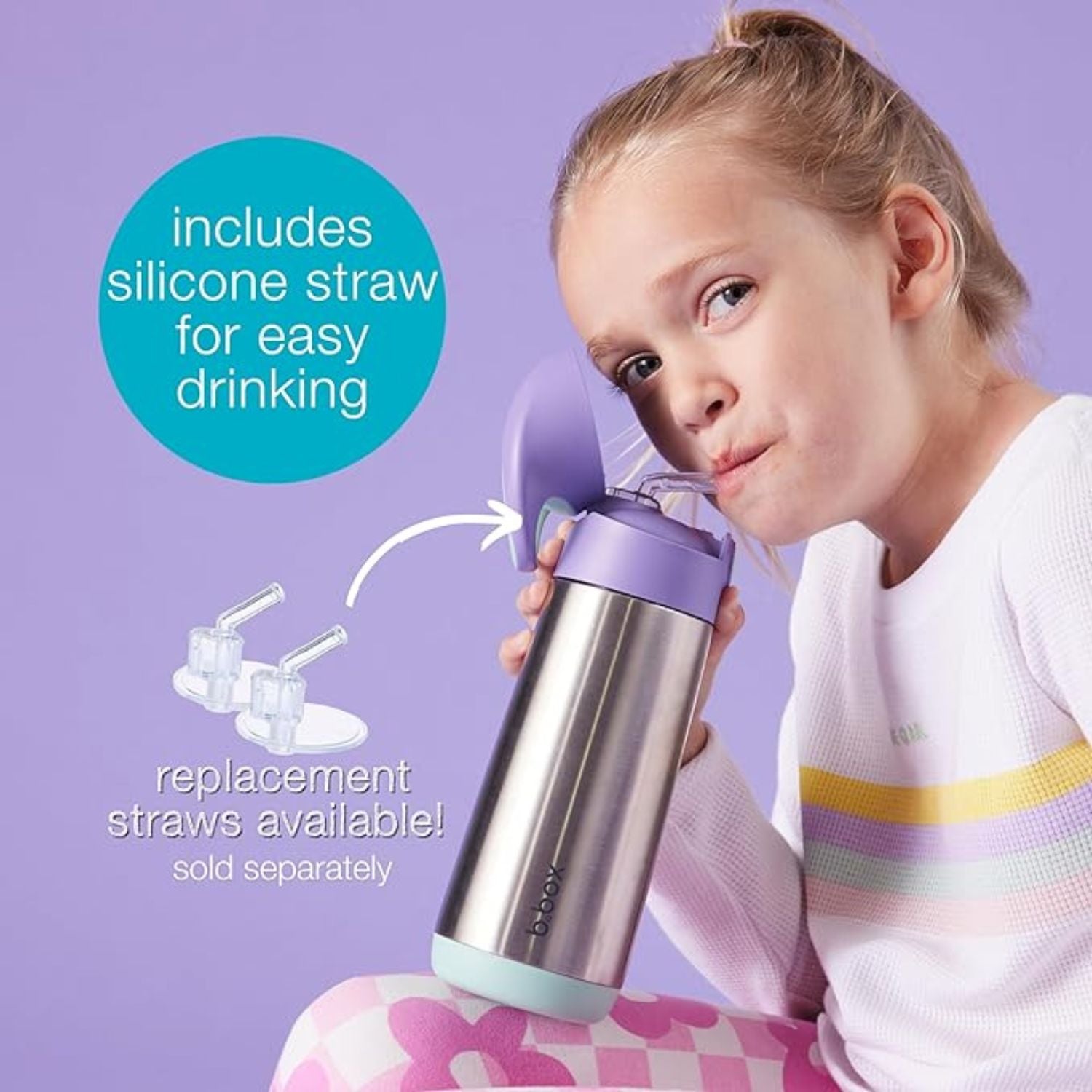 b.box Insulated Straw Sipper Drink Water Bottle 500ml Lilac Pop Purple