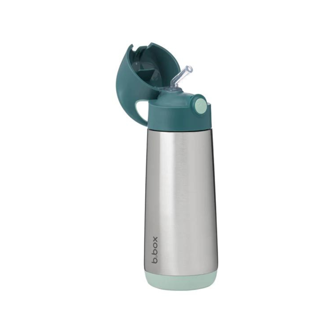 b.box Insulated Straw Sipper Drink Water Bottle 500ml Emerald Forest Green