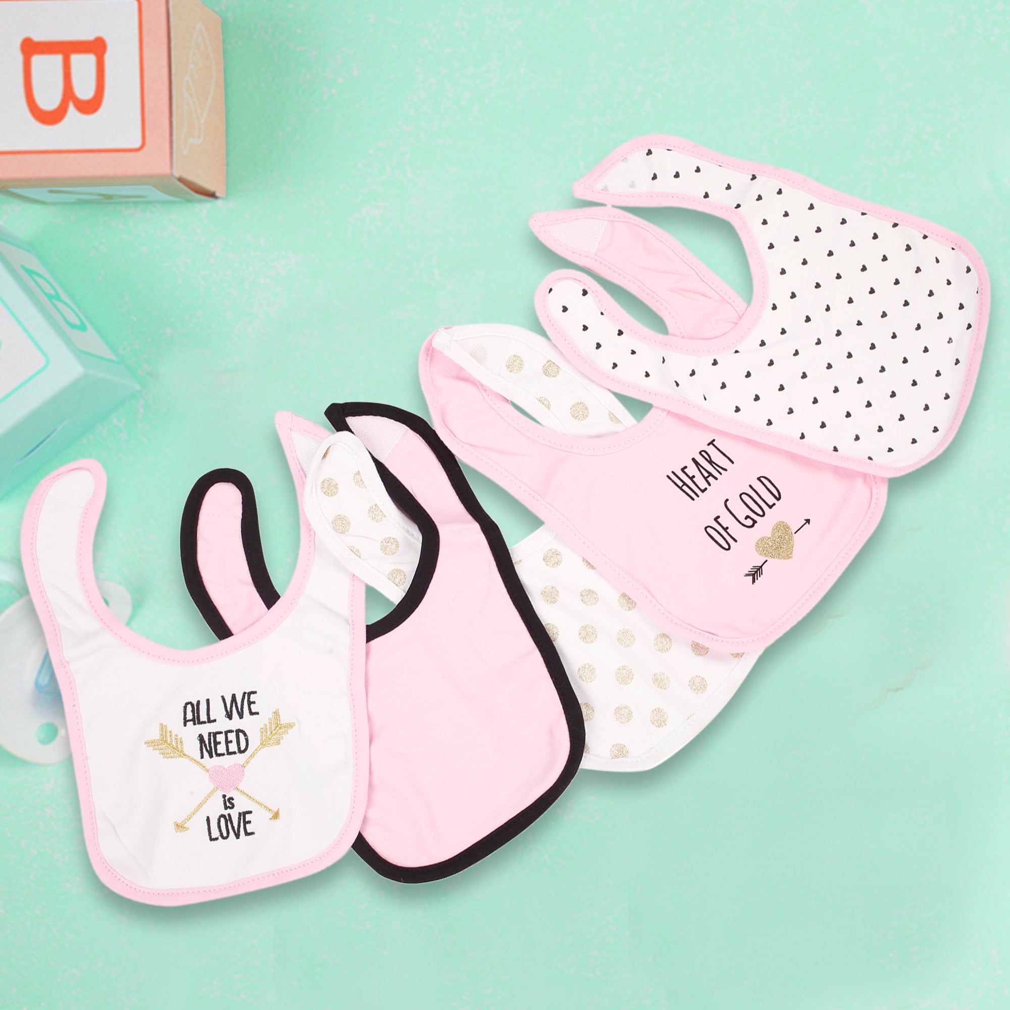 Heart Of Gold Pink 5 Pk Bibs - Baby Moo