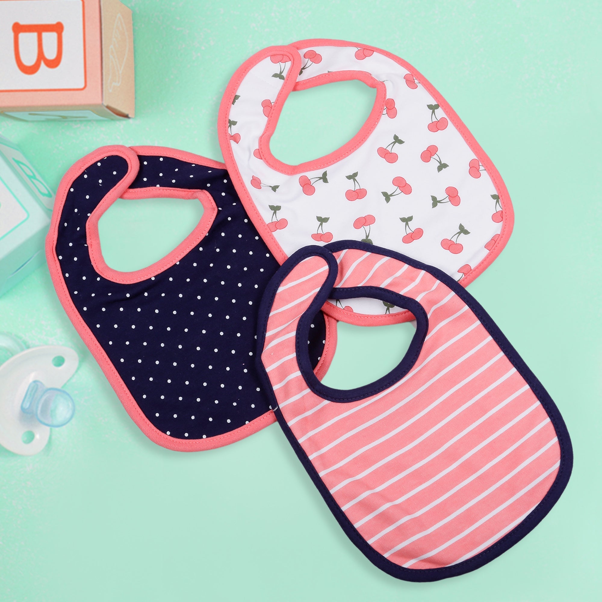 Feeding Bibs Pack Of 3 Cherry, Striped And Polka Pink Blue - Baby Moo