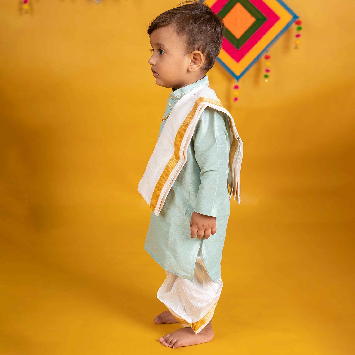Baby Moo x Kurta Co. Traditional Dhoti Khandwa Kurta Set | Soft Banaras Silk With Gold Border | Premium Plastic Gift Box 6pcs - Mint Green