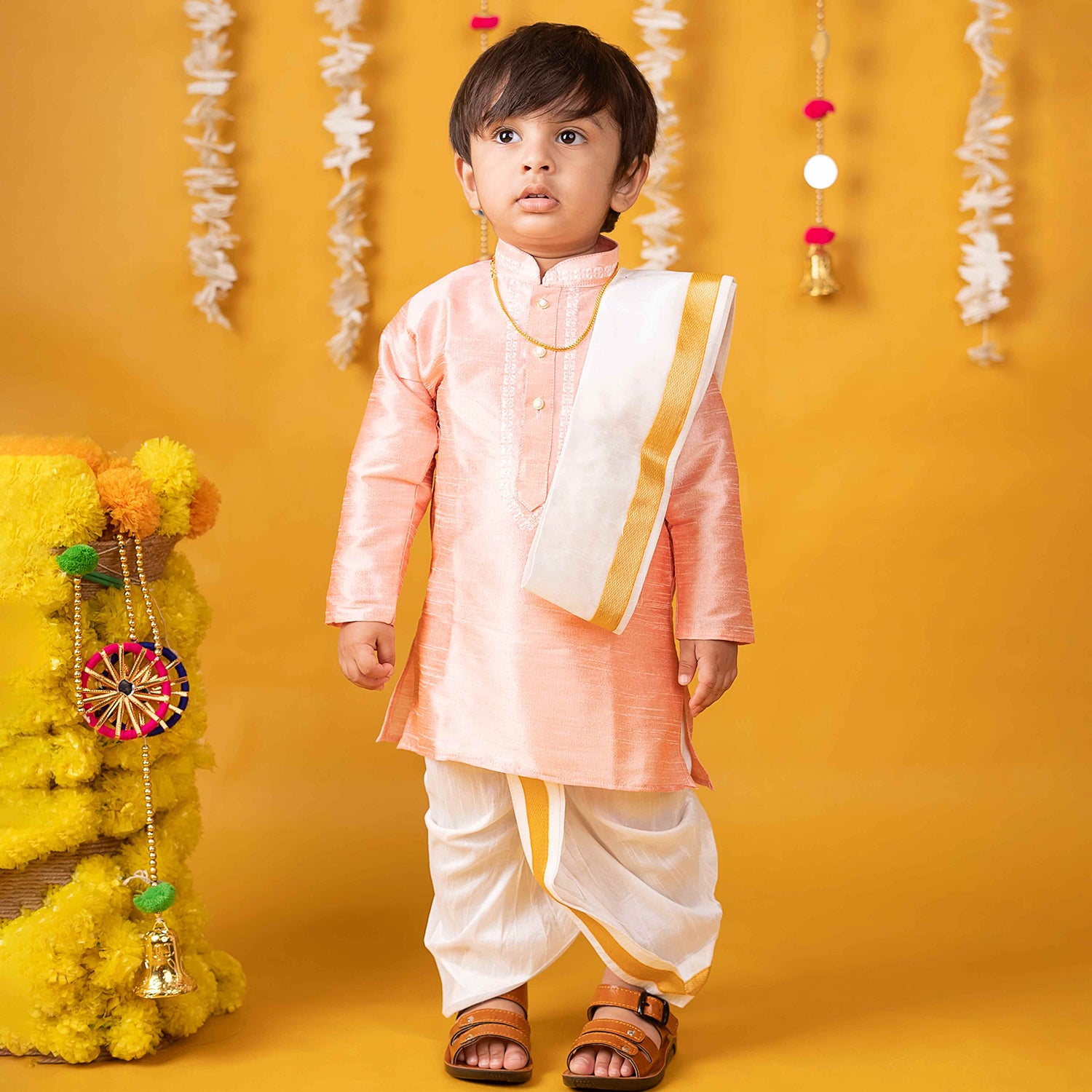 Baby Moo x Kurta Co. Traditional Dhoti Khandwa Kurta Set | Soft Banaras Silk With Gold Border | Premium Plastic Gift Box 6pcs - Peach