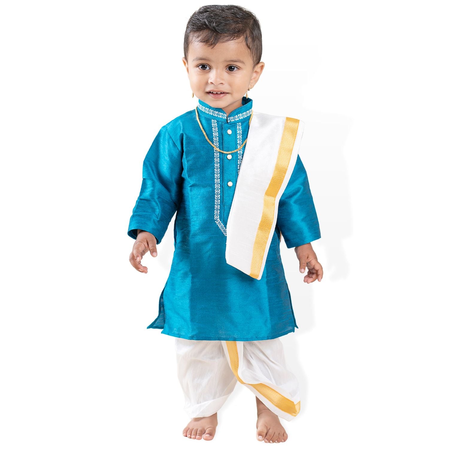 Baby Moo x Kurta Co. Traditional Dhoti Khandwa Kurta Set | Soft Banaras Silk With Gold Border | Premium Plastic Gift Box 6pcs - Turquoise