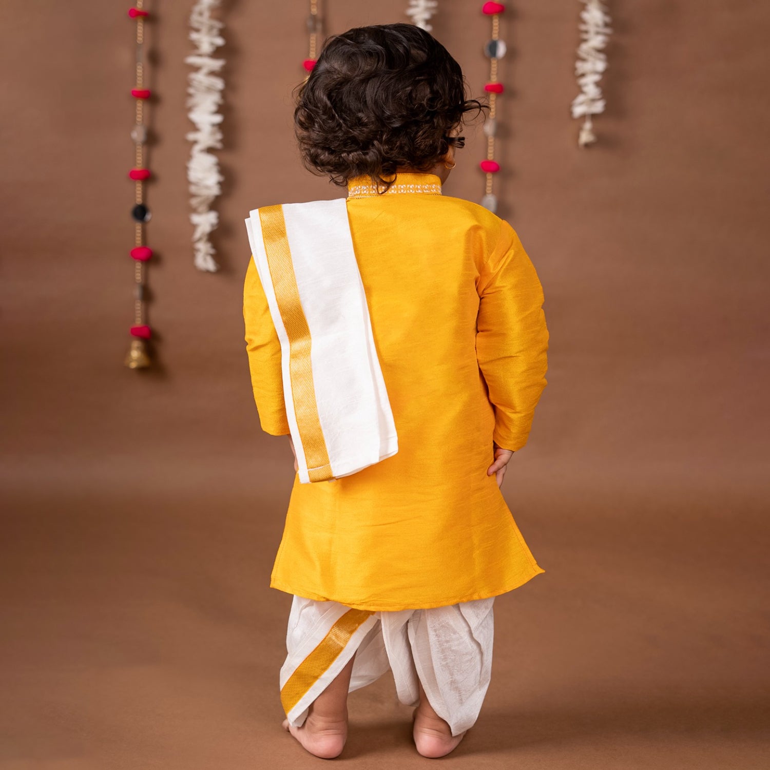 Baby Moo x Kurta Co. Traditional Dhoti Khandwa Kurta Set | Soft Banaras Silk With Gold Border | Premium Plastic Gift Box 6pcs - Yellow