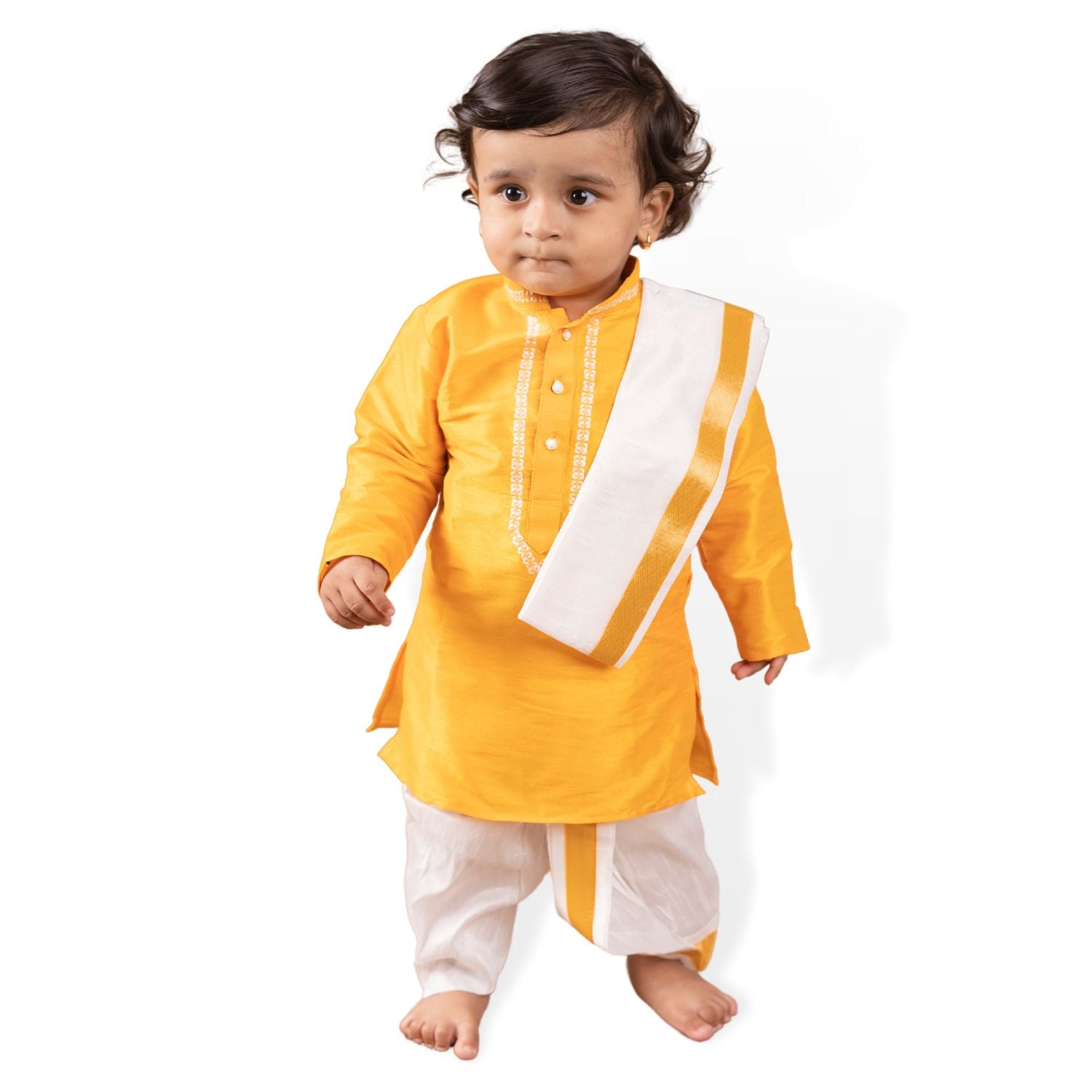 Baby Moo x Kurta Co. Traditional Dhoti Khandwa Kurta Set | Soft Banaras Silk With Gold Border | Premium Plastic Gift Box 6pcs - Yellow