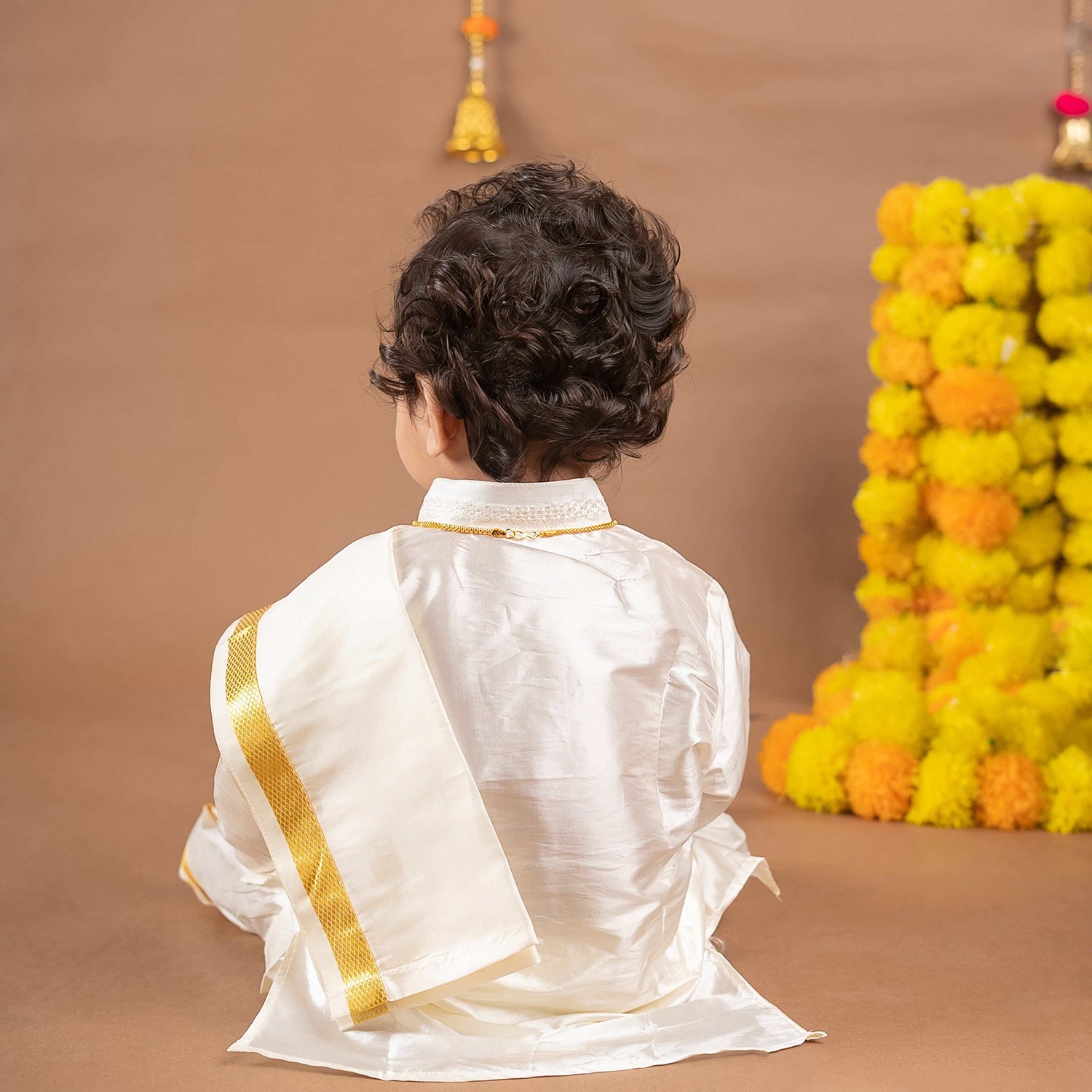 Baby Moo x Kurta Co. Traditional Dhoti Khandwa Kurta Set | Pure Pattu Silk With Gold Zari Border | Premium Plastic Gift Box 6pcs - Cream