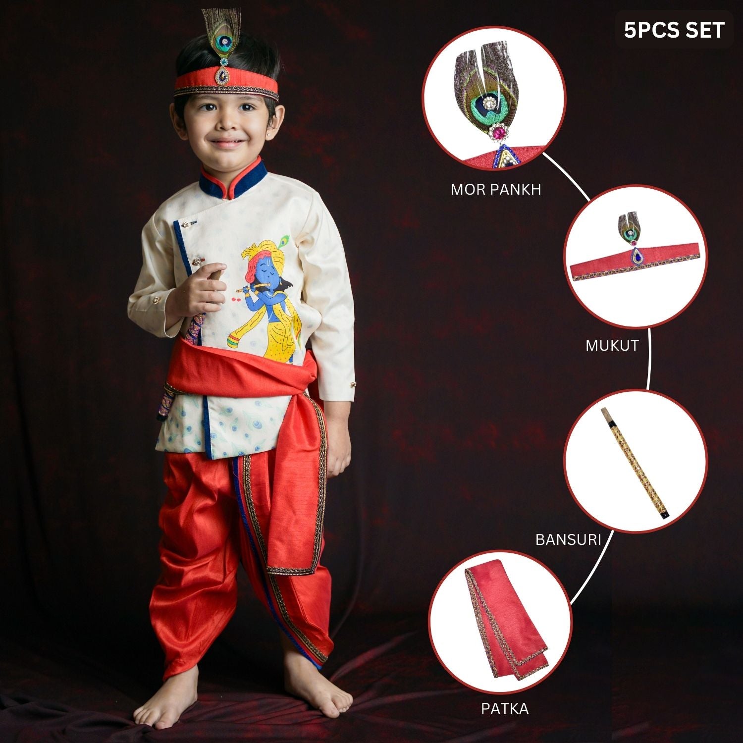 Baby Moo x Kurta Co. Krishna Digital Print Kurta Dhoti Set with Accessories - Premium Plastic Gift Box 5pcs Set - Red