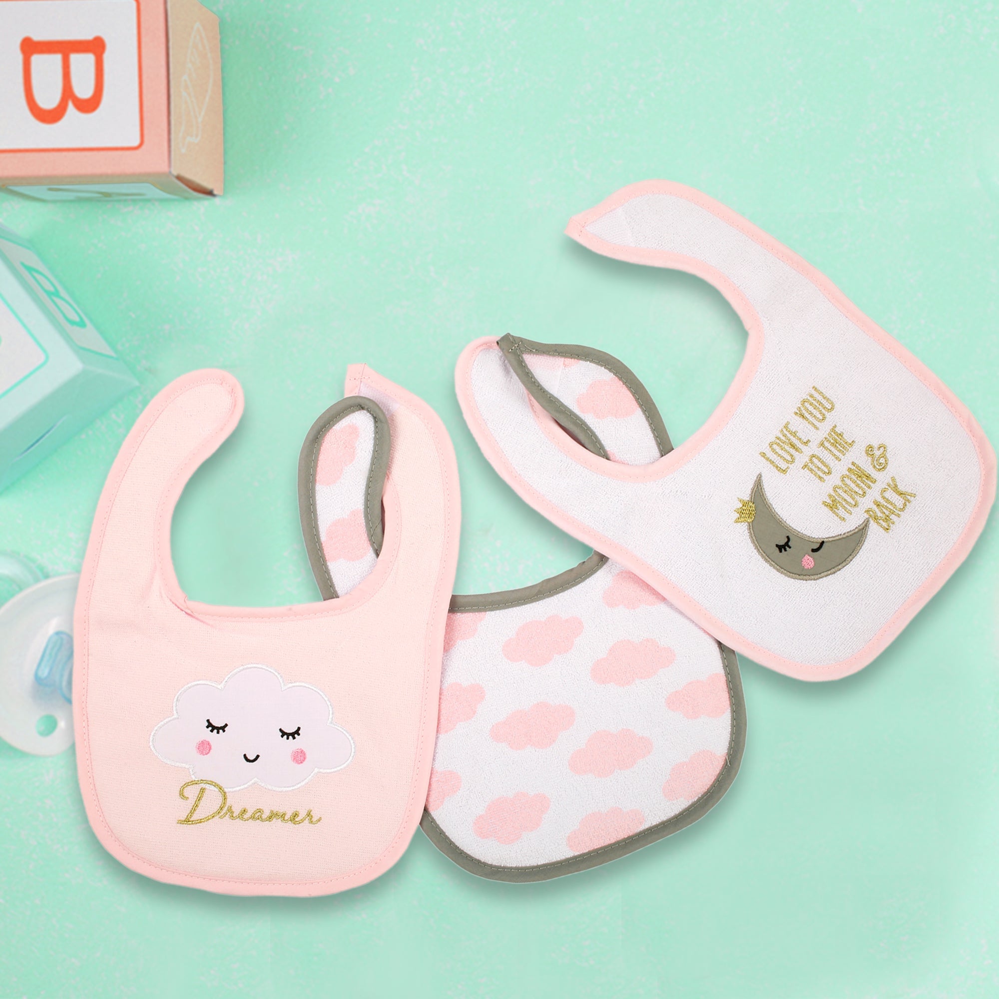 Dreamer Pink And White 3 Pk Bibs - Baby Moo