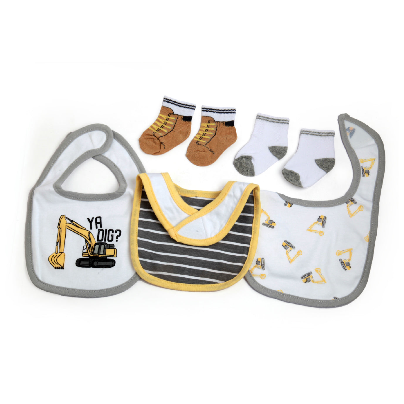 Construction Trucks Yellow Set Of 3 Bibs And 2 Socks - Baby Moo