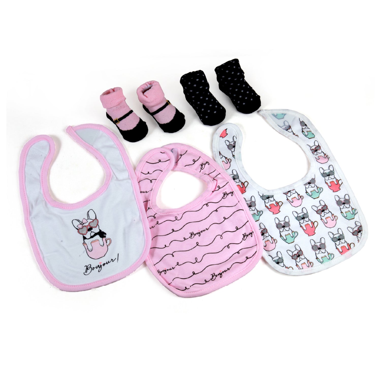 Dreaming Of Paris Pink And Black Set Of 3 Bibs And 2 Socks - Baby Moo