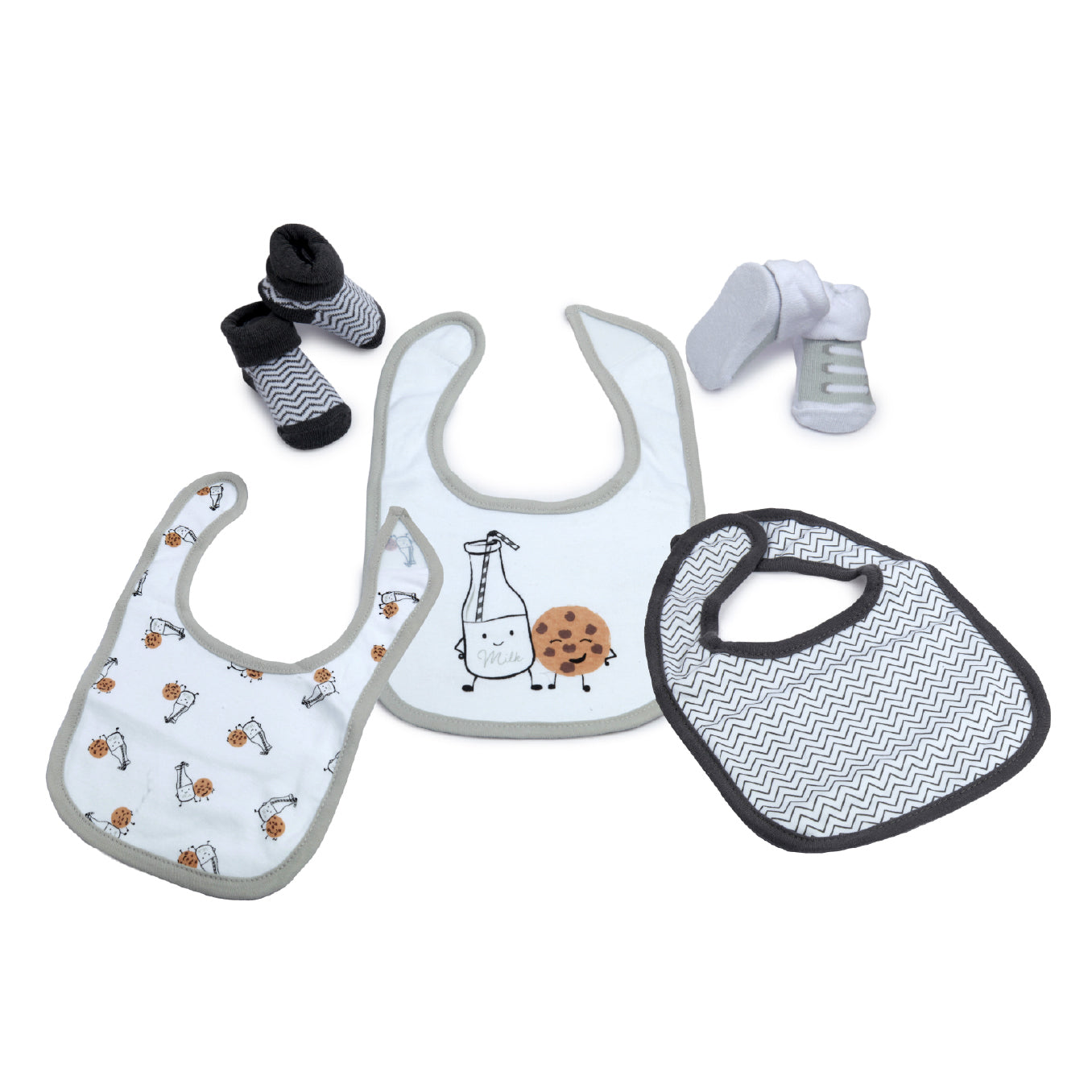Cookies And Milk Grey And White Set Of 3 Bibs And 2 Socks - Baby Moo