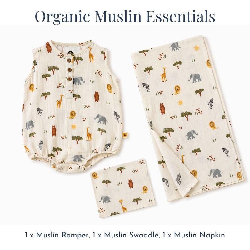 Organic Muslin Essentials (Set of 3) - 1 Swaddle + 1 Romper + 1 Face Napkin